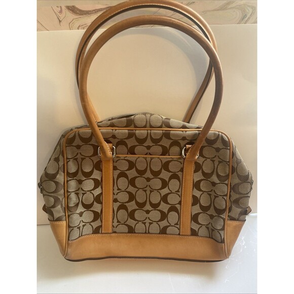 Coach Beige Signature Print Handbag - Rare Style With Outer Pouch Phone Pocket - Picture 1 of 10